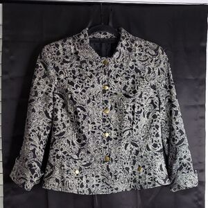 Coldwater Creek Jacket, Size 8, Black & White Paisley Peplum Brass Snaps, Cotton